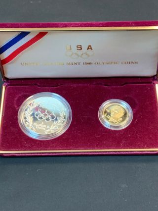 1988 United States Olympic 2 Coin Proof Set $5 Gold Coin $1 Silver Coin Nr