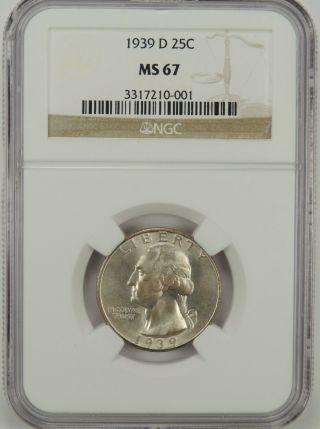 1939 - D 25c Washington Silver Quarter Ngc Ms67 3317210 - 001 Great Eye Appeal