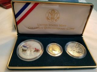 1992 United States Columbus Quincentenary 3 Coin Proof Set W/box & Coa&ogp