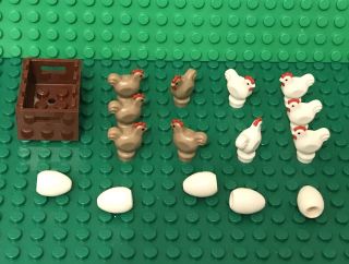 Lego X10 Dark Tan / White Chicken Animal With X5 White Egg And Chest Container