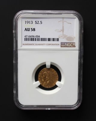 1913 Indian Head “quarter Eagle " $2.  5 Gold Coin.  Au 58 Grade,  Ngc Certified