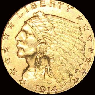 1914 - D $2.  50 " Quarter Eagle " Appears Uncirculated Denver Ms Lustrous Gold Coin