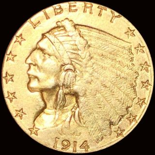 1914 - D $2.  50 " Quarter Eagle " Nearly Uncirculated Denver Key Date Lustrous Gold