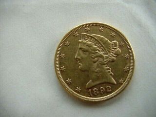 1892 - S United States $5 Dollar Liberty Head Half Eagle Gold Coin