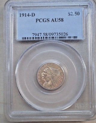 1914 - D Indian Head $2.  5 Gold Quarter Eagle Pcgs Au58