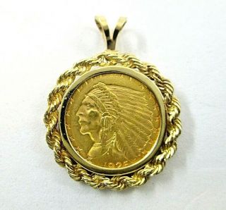 1926 Gold $2.  50 Dollar Indian Head Quarter Eagle Coin In 14k Rope Pendant Holder