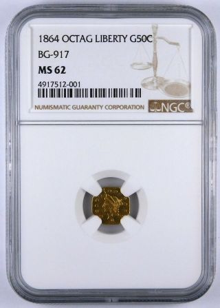 1864 50¢ Gold California Fractional Bg - 917 - Ngc Ms 62
