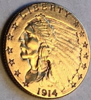 1914 - D $2.  50 Gold Indian Quarter Eagle Au/bu Details