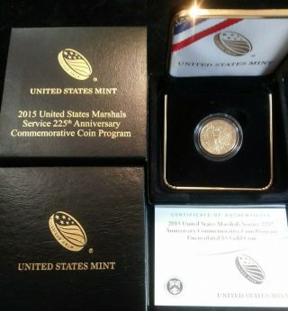 2015 - W U.  S.  Marshals Service 225th Anniversary $5 Gold Uncirculated W/coa & Box