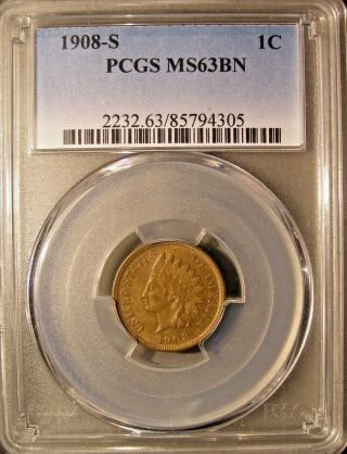 1908 S Indian Head Penny 1c Cent Pcgs Ms63 Brown Surfaces